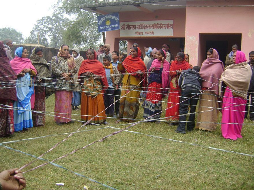 Participants of leaders of Self Help Groups understanding the importance of network through game demonstration at Gonaha Village Development Committee, Rupandehi district, Nepal.